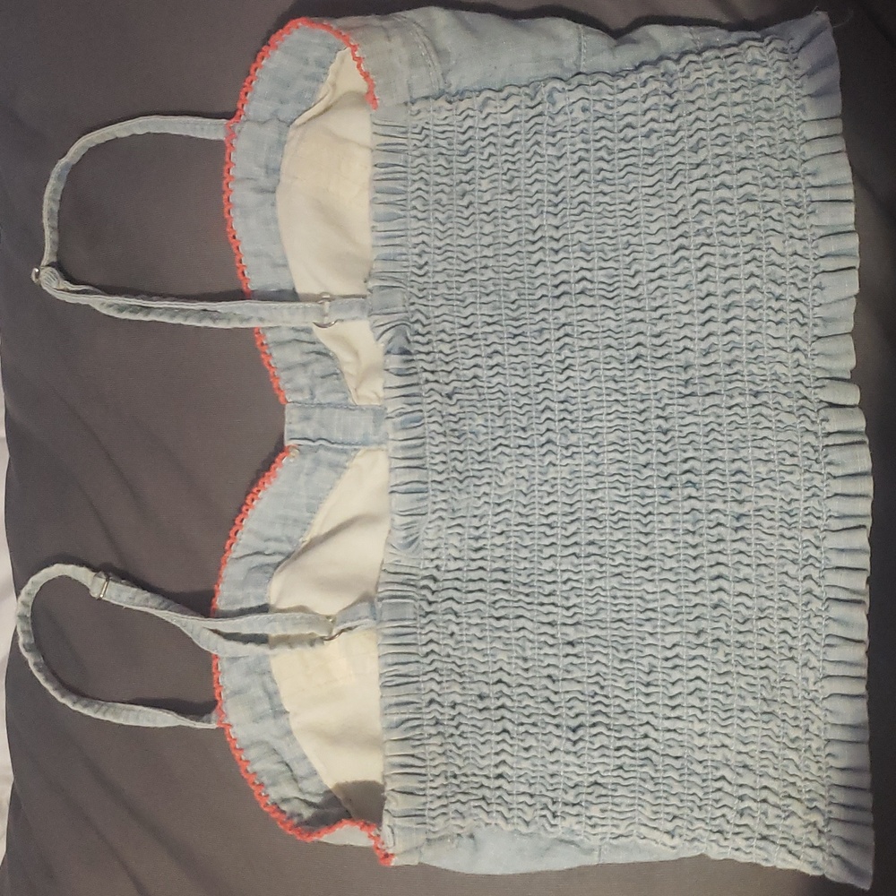 American Eagle Outfitters denim crop top with orange crochet around top - Picture 2 of 7